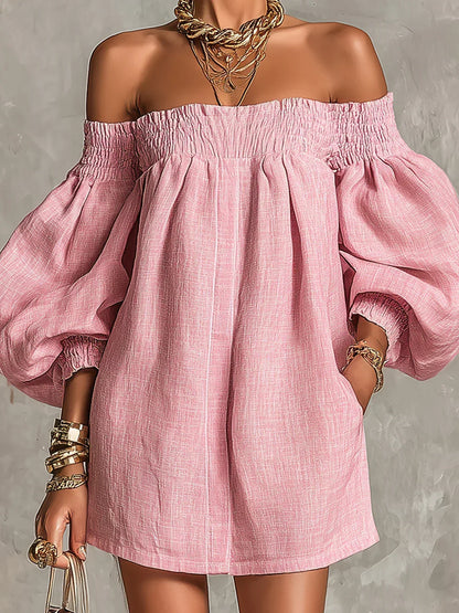 Robe courte Gisela rose, coupe trapèze, à manches bouffantes et épaules dénudées