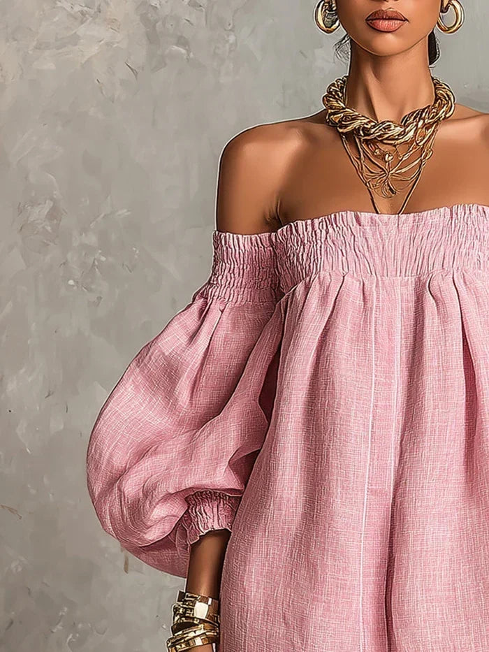 Robe courte Gisela rose, coupe trapèze, à manches bouffantes et épaules dénudées