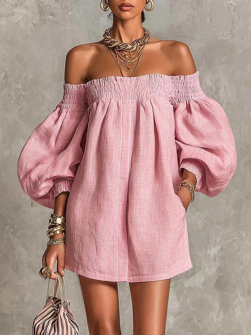 Robe courte Gisela rose, coupe trapèze, à manches bouffantes et épaules dénudées