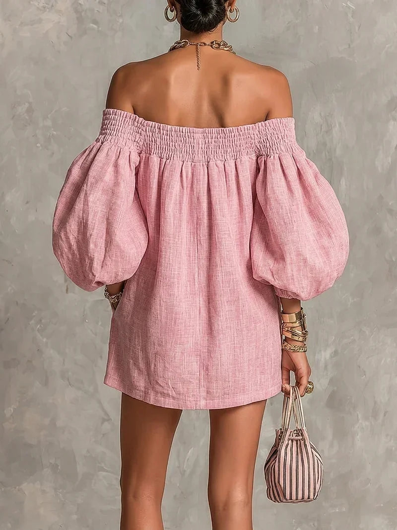 Robe courte Gisela rose, coupe trapèze, à manches bouffantes et épaules dénudées