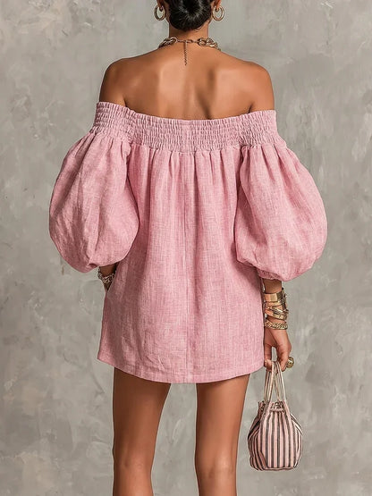 Robe courte Gisela rose, coupe trapèze, à manches bouffantes et épaules dénudées