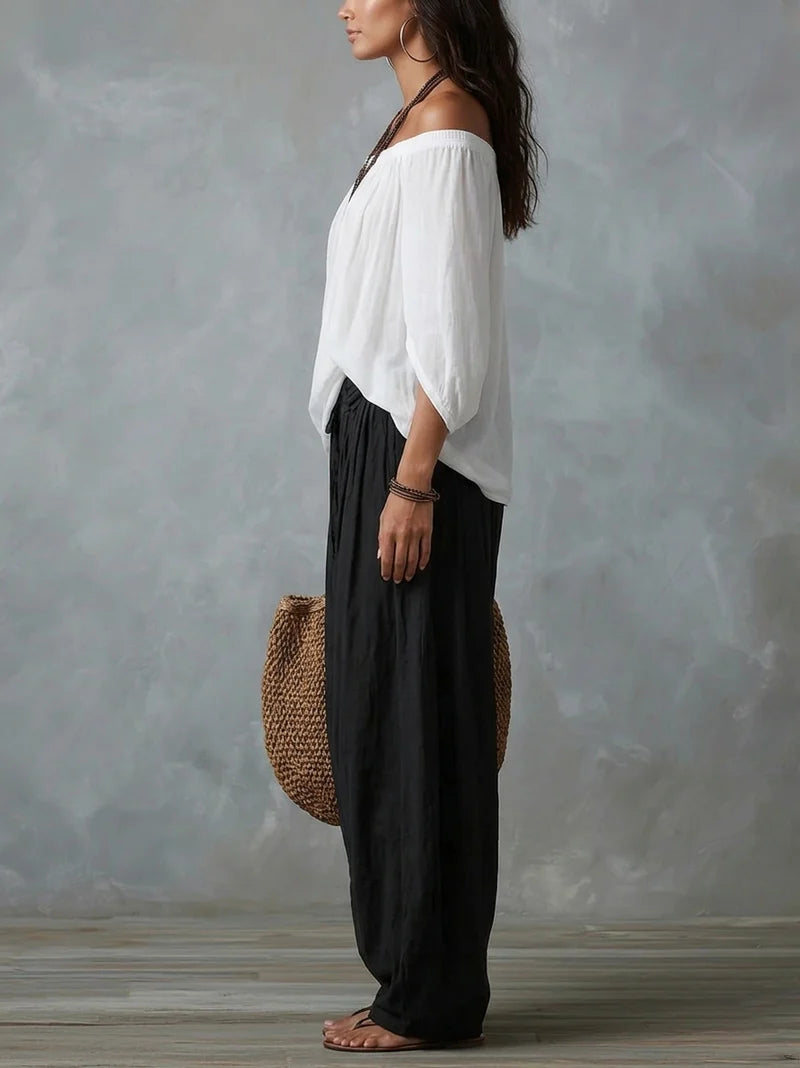 NÁCAR™ | Conjunto Top Hombros Descubiertos y Pantalón Ancho