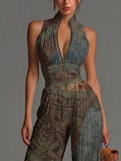 RONDA™ | Mono con Cuello Alto Plisado y Pierna Ancha Estampada