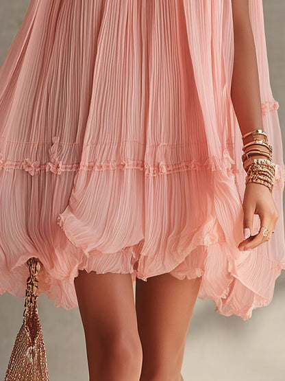 Robe courte Magdalena en mousseline rose à rayures et col dos nu
