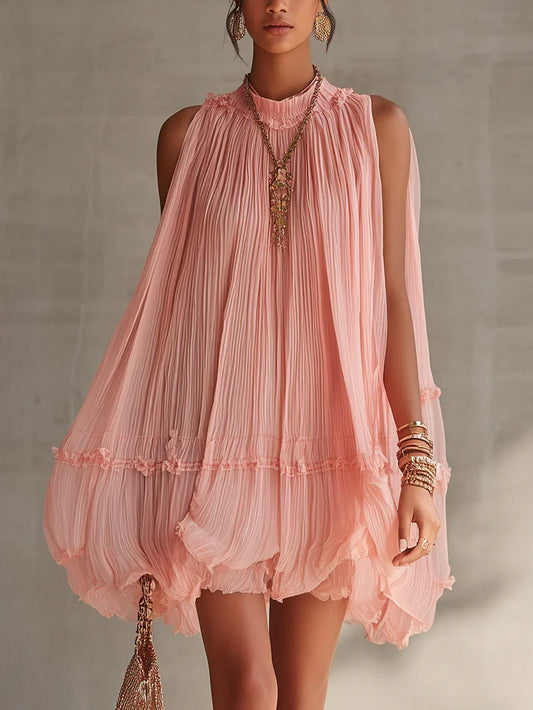 Robe courte Magdalena en mousseline rose à rayures et col dos nu