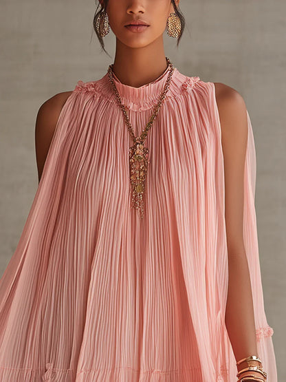 Robe courte Magdalena en mousseline rose à rayures et col dos nu