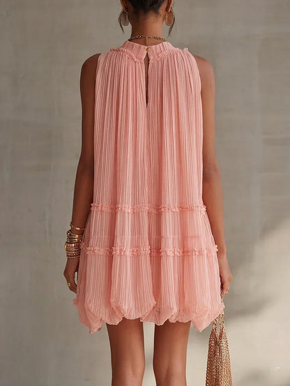 Robe courte Magdalena en mousseline rose à rayures et col dos nu