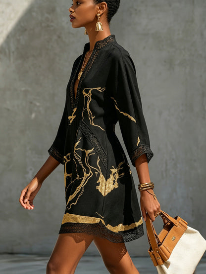 Candela™ | Minivestido negro con estampado de mármol dorado y encaje de ganchillo