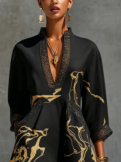 Candela™ | Minivestido negro con estampado de mármol dorado y encaje de ganchillo