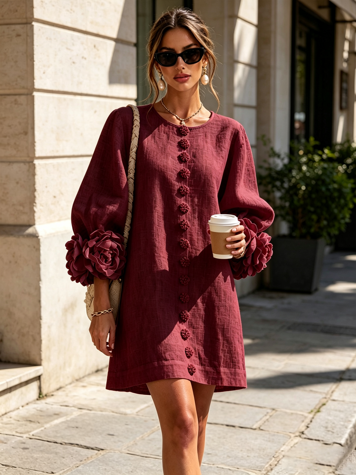 Vestido mini blanco con botones con motivos florales y mangas con motivos florales extravagantes