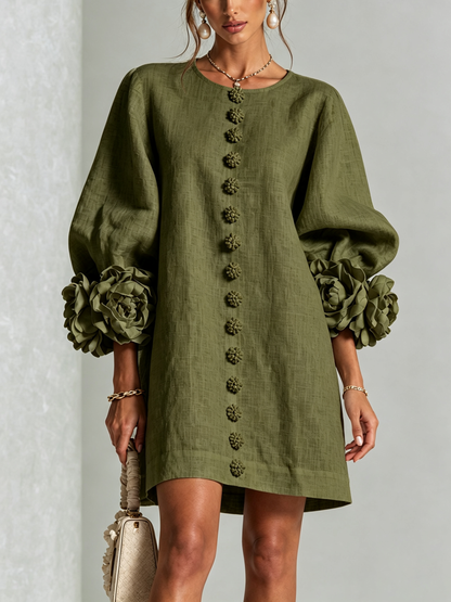 Vestido mini tipo camisa con estampado floral en verde oliva y puños florales extravagantes