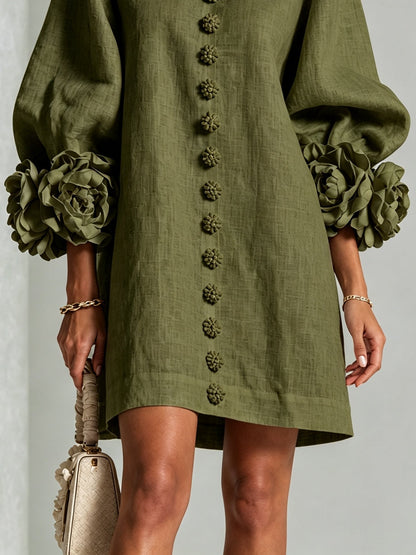Vestido mini tipo camisa con estampado floral en verde oliva y puños florales extravagantes