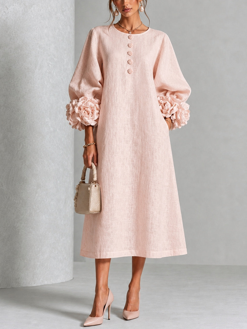 Théodosie | Robe midi à boutons, manchette à rosette