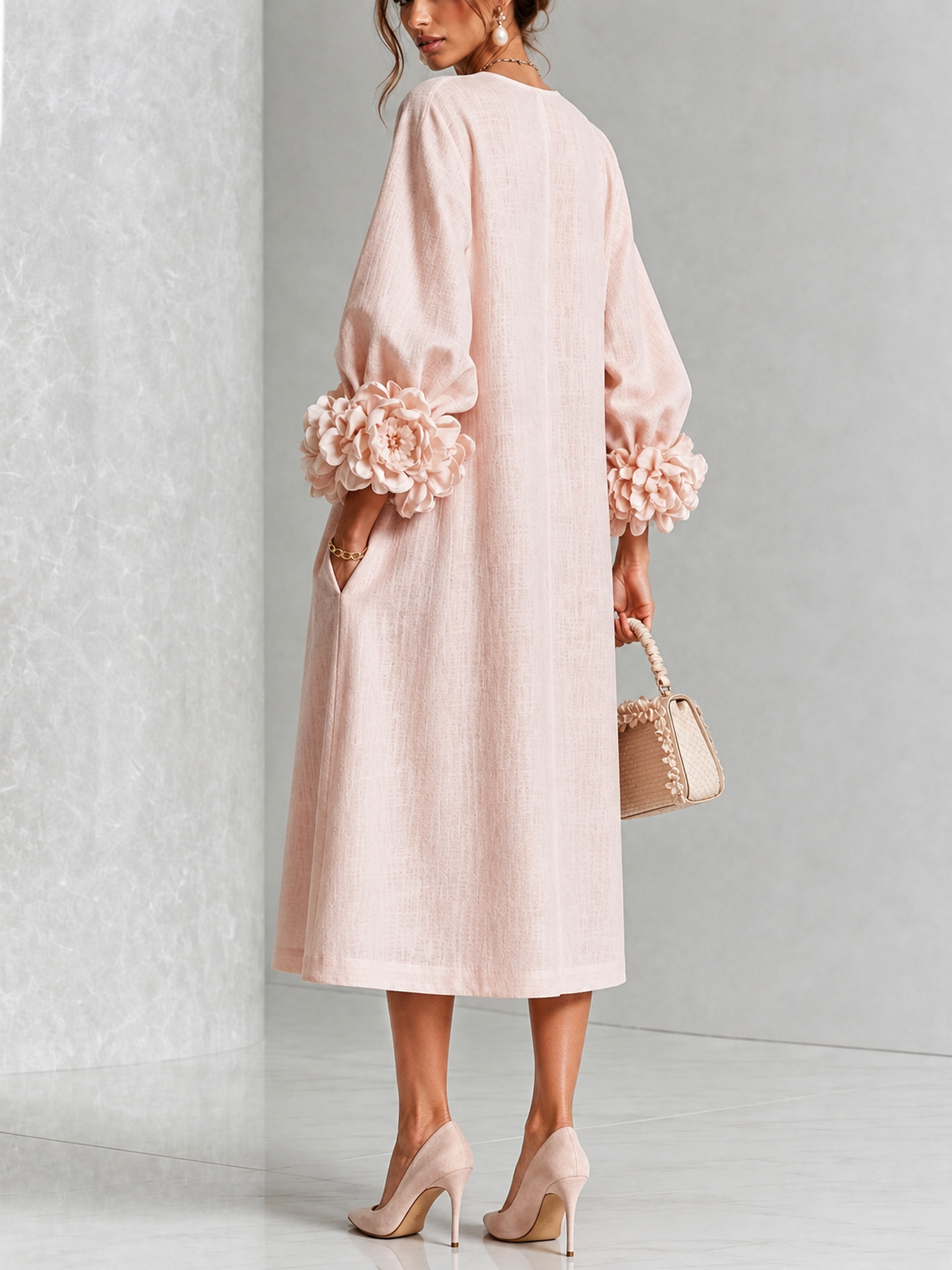 Théodosie | Robe midi à boutons, manchette à rosette
