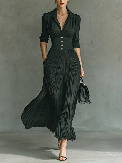 Elvire | Robe longue plissée avec revers et taille haute