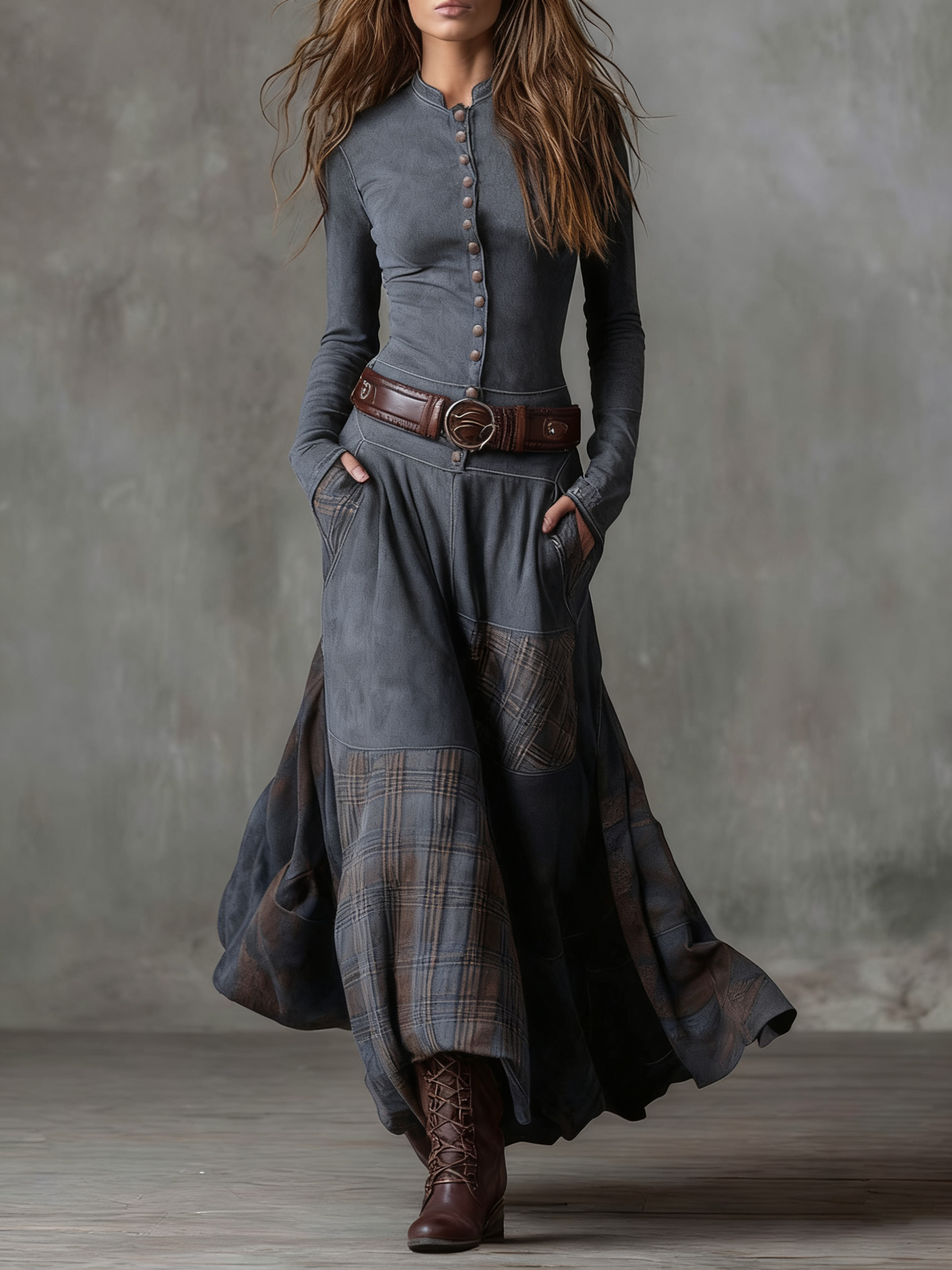 Élise | Robe longue en daim avec ceinture