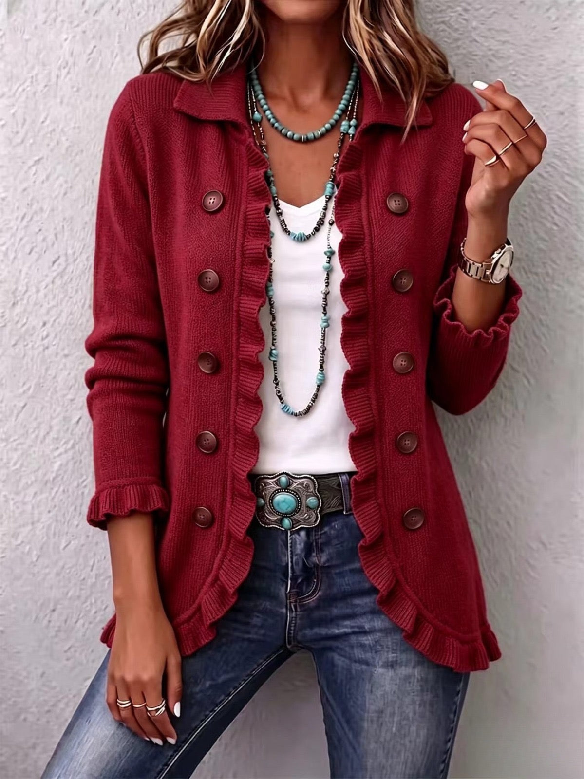 Annunziata | Veste en maille rouge rubis avec volant