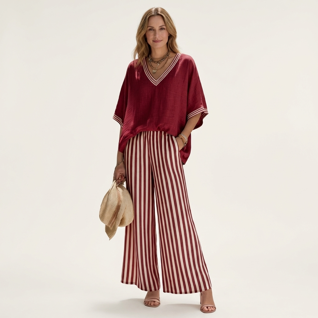 Juliana | Top de escote en V estilo varsity y conjunto de pantalón ancho a rayas