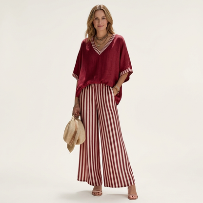 Juliana | Top de escote en V estilo varsity y conjunto de pantalón ancho a rayas