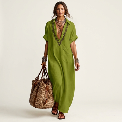 Amarina | Vestido maxi de lino bordado con cuello en V