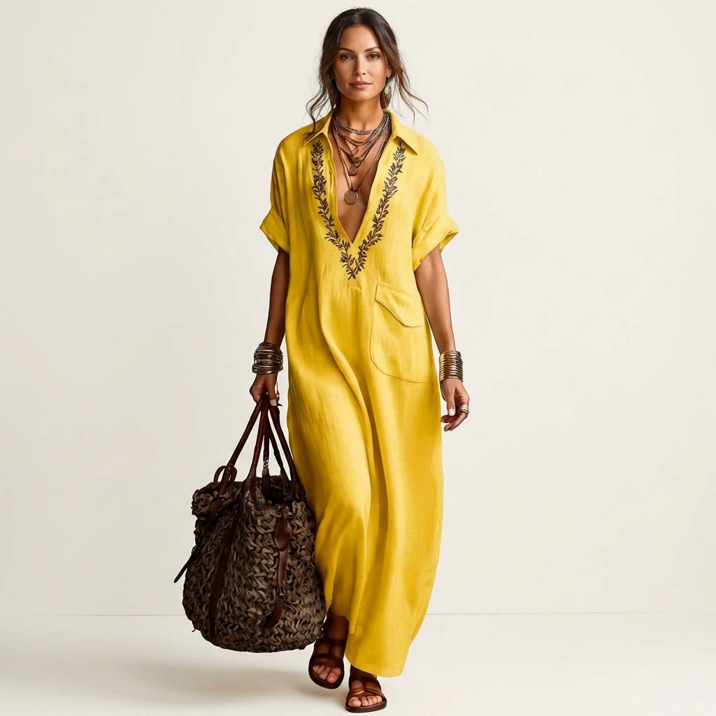 Amarina | Vestido maxi de lino bordado con cuello en V