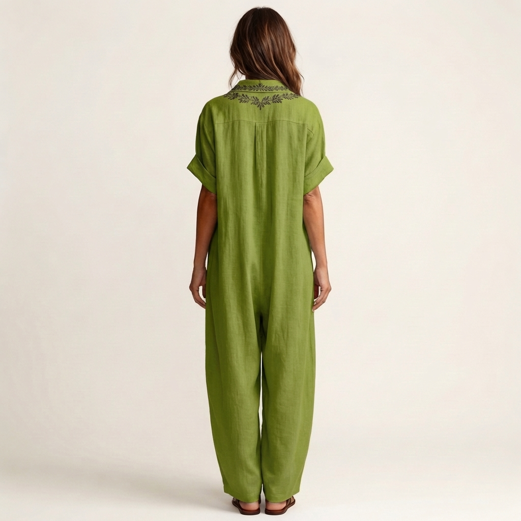 Amarina | Vestido maxi de lino bordado con cuello en V