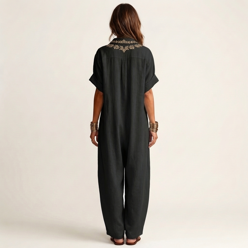 Amarina | Vestido maxi de lino bordado con cuello en V