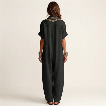 Amarina | Vestido maxi de lino bordado con cuello en V