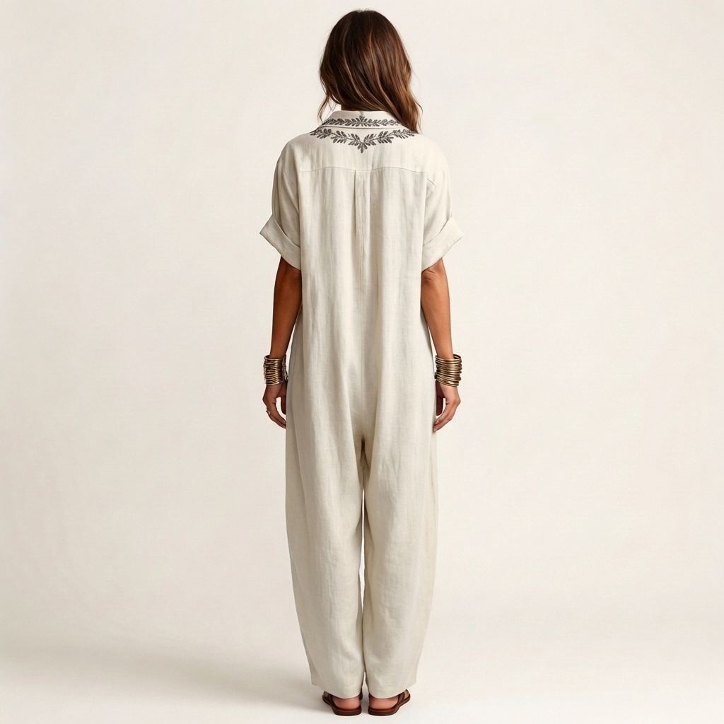 Amarina | Vestido maxi de lino bordado con cuello en V