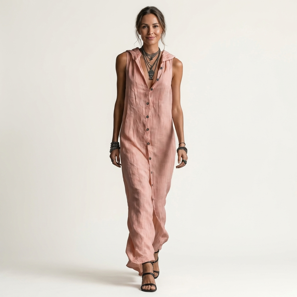 Mirabell | Vestido maxi sin mangas con capucha y botones delanteros