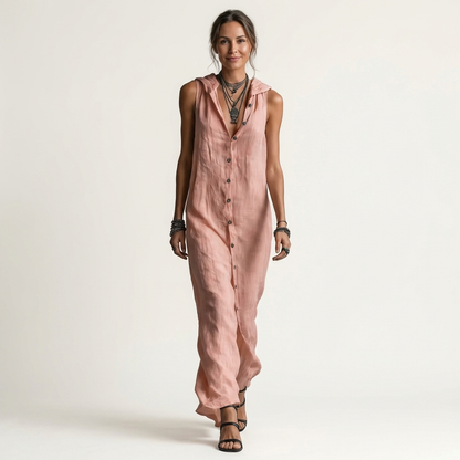 Mirabell | Vestido maxi sin mangas con capucha y botones delanteros