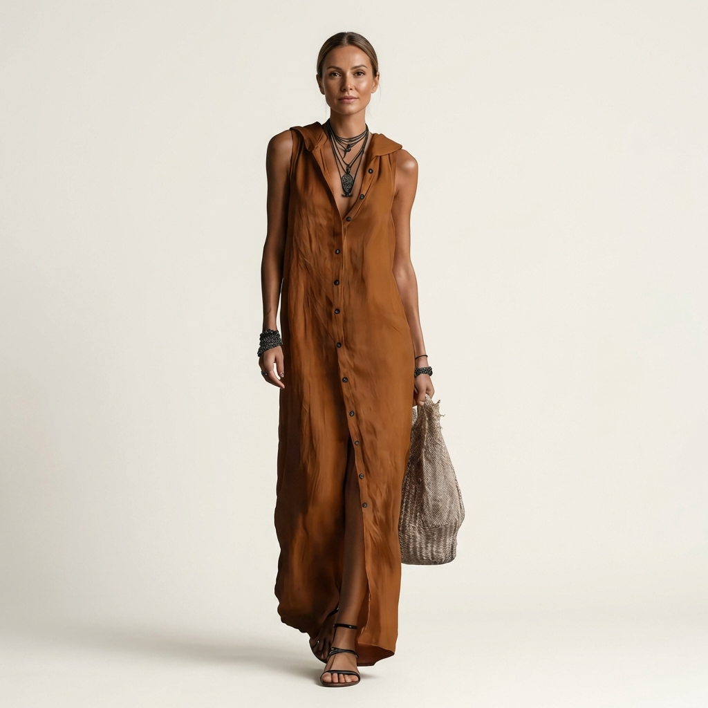 Mirabell | Vestido maxi sin mangas con capucha y botones delanteros