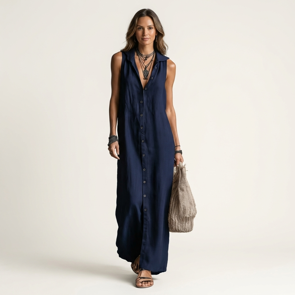 Mirabell | Vestido maxi sin mangas con capucha y botones delanteros