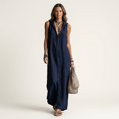 Mirabell | Vestido maxi sin mangas con capucha y botones delanteros