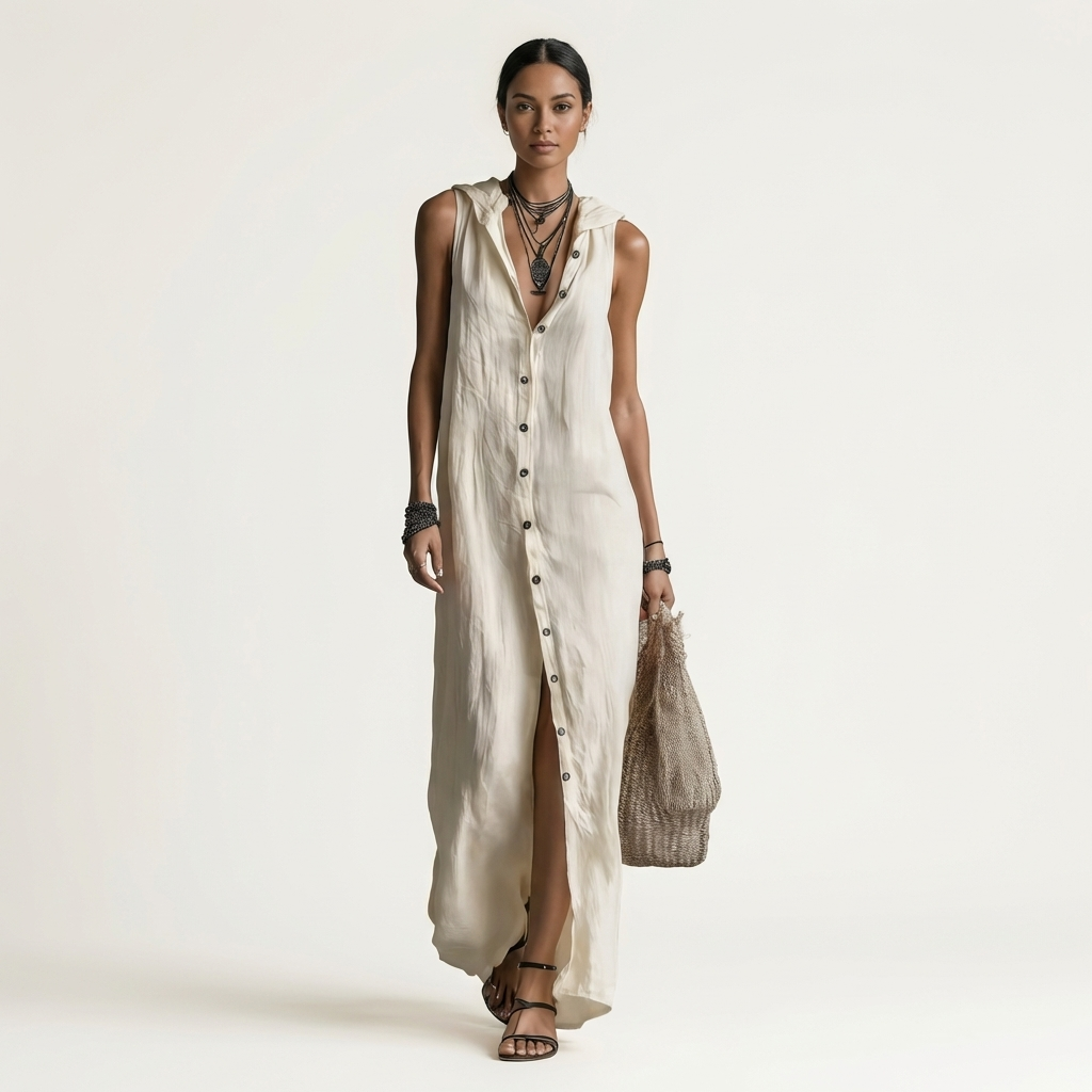 Mirabell | Vestido maxi sin mangas con capucha y botones delanteros
