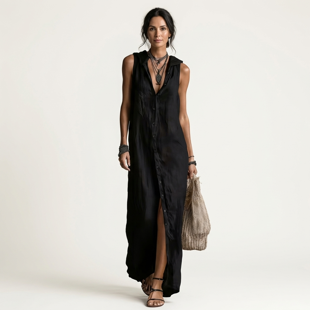 Mirabell | Vestido maxi sin mangas con capucha y botones delanteros