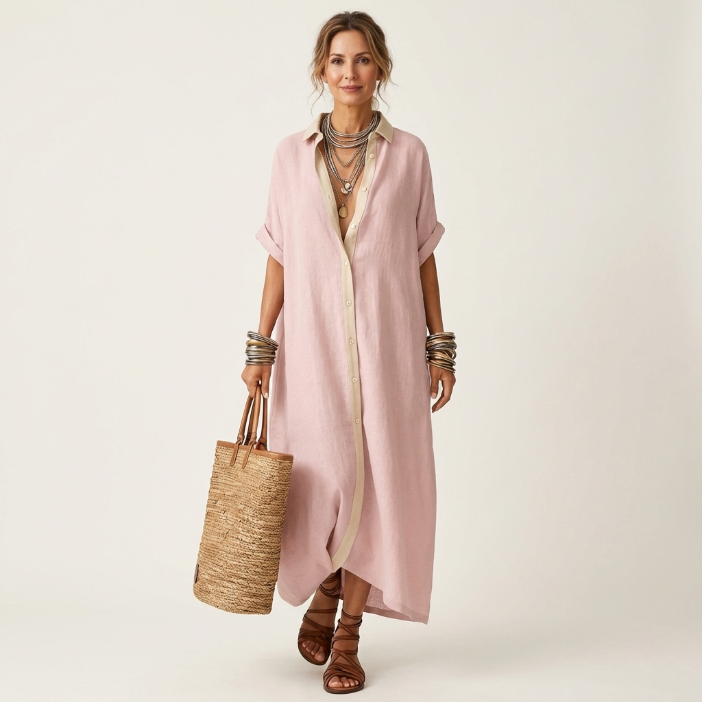 Kamira | Vestido camisero maxi de manga corta con cuello en contraste y botones en la parte delantera