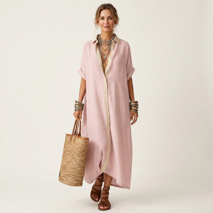 Kamira | Vestido camisero maxi de manga corta con cuello en contraste y botones en la parte delantera