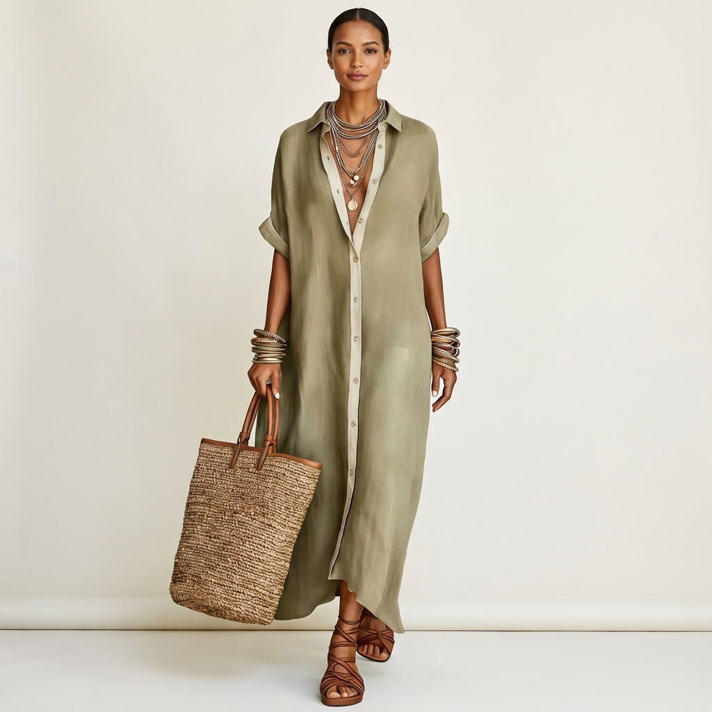 Kamira | Vestido camisero maxi de manga corta con cuello en contraste y botones en la parte delantera