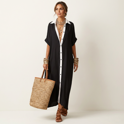 Kamira | Vestido camisero maxi de manga corta con cuello en contraste y botones en la parte delantera
