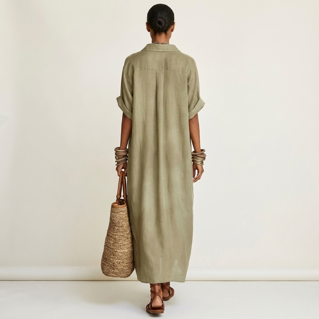 Kamira | Vestido camisero maxi de manga corta con cuello en contraste y botones en la parte delantera