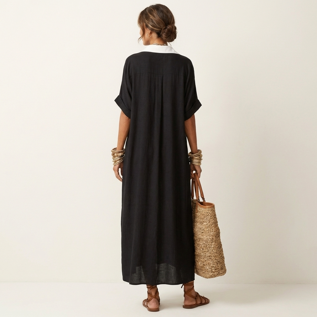 Kamira | Vestido camisero maxi de manga corta con cuello en contraste y botones en la parte delantera