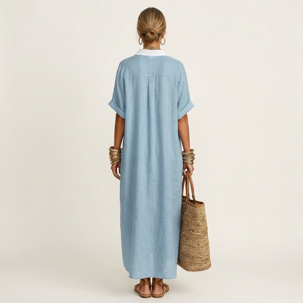 Kamira | Vestido camisero maxi de manga corta con cuello en contraste y botones en la parte delantera