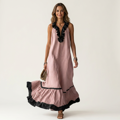 Mayline | Vestido maxi sin mangas con cuello volante y ribete en contraste