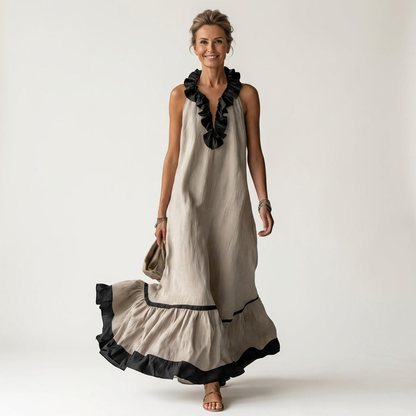 Mayline | Vestido maxi sin mangas con cuello volante y ribete en contraste