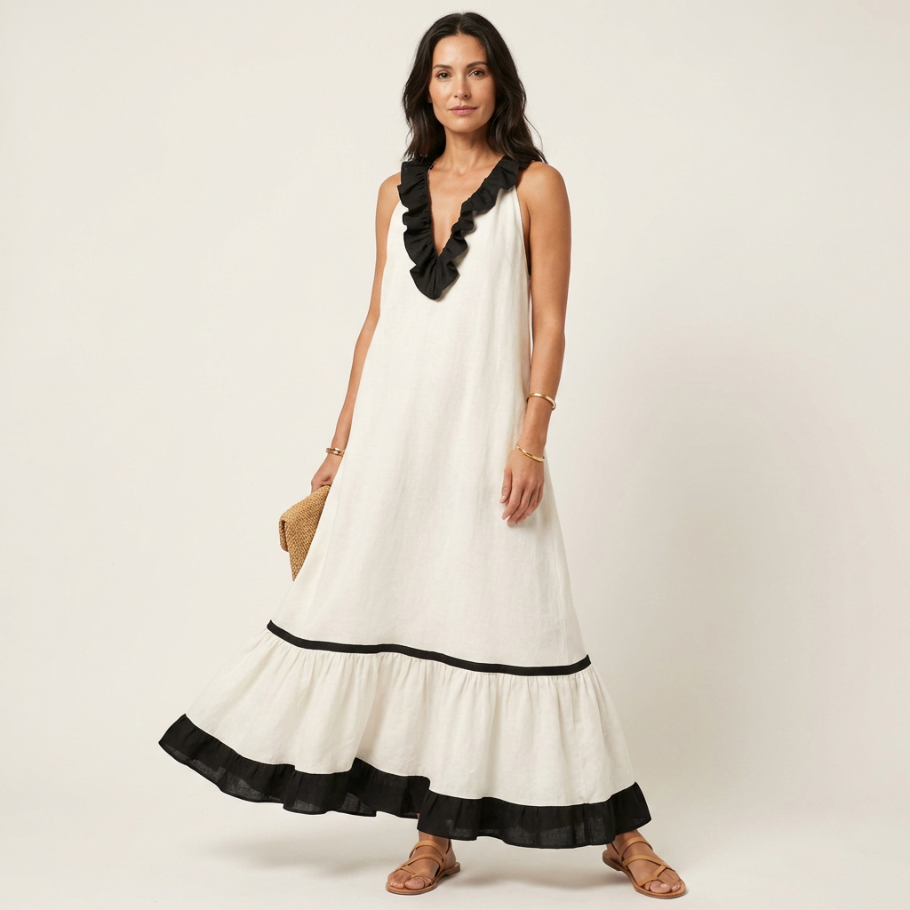 Mayline | Vestido maxi sin mangas con cuello volante y ribete en contraste
