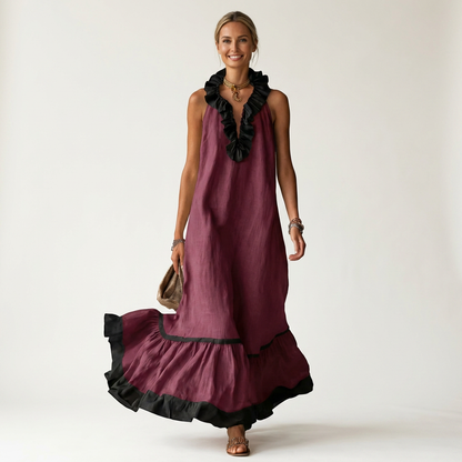 Mayline | Vestido maxi sin mangas con cuello volante y ribete en contraste