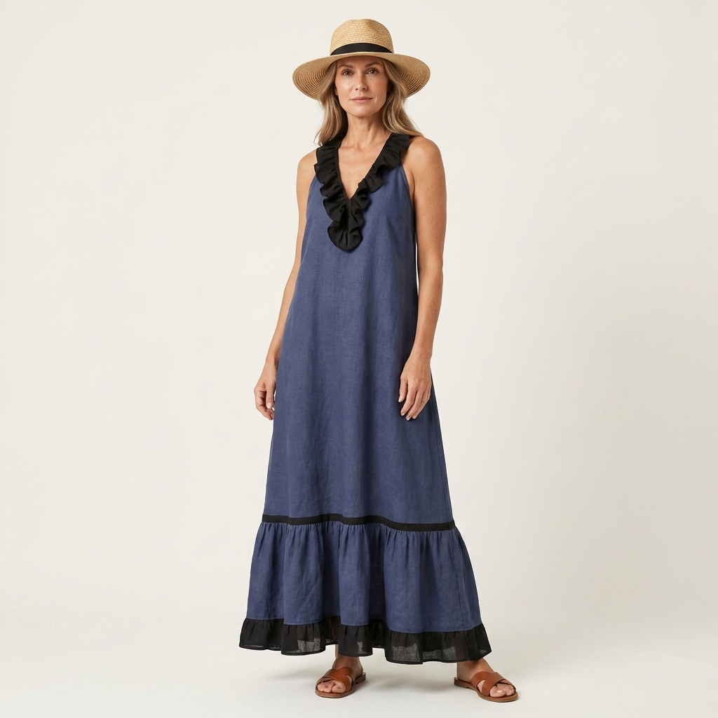 Mayline | Vestido maxi sin mangas con cuello volante y ribete en contraste