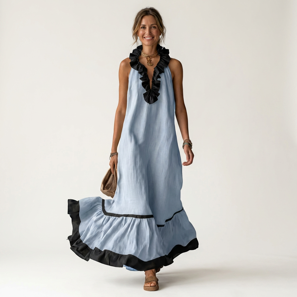 Mayline | Vestido maxi sin mangas con cuello volante y ribete en contraste