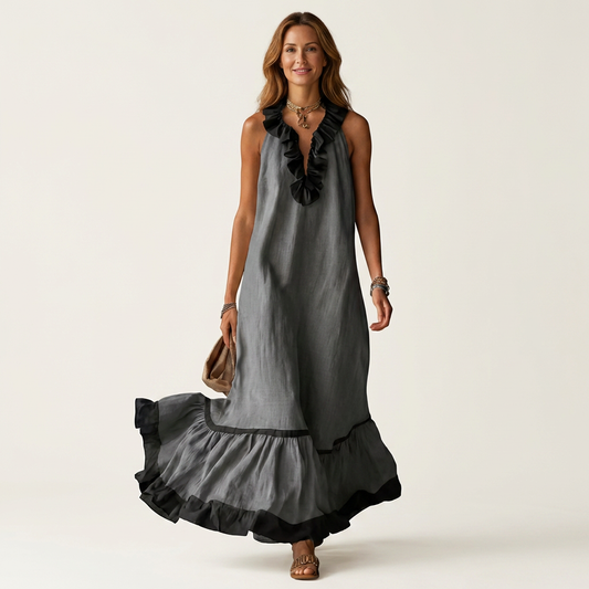 Mayline | Vestido maxi sin mangas con cuello volante y ribete en contraste
